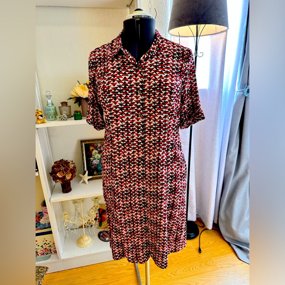 J. Jill Shirt Dress Women Sz 8 Red Multicolor Triangle Print - Office Casual